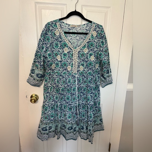 Soft Surroundings Nerisa Embroidered Printed Dress | Blue Batik Style | Size M - Picture 5 of 16